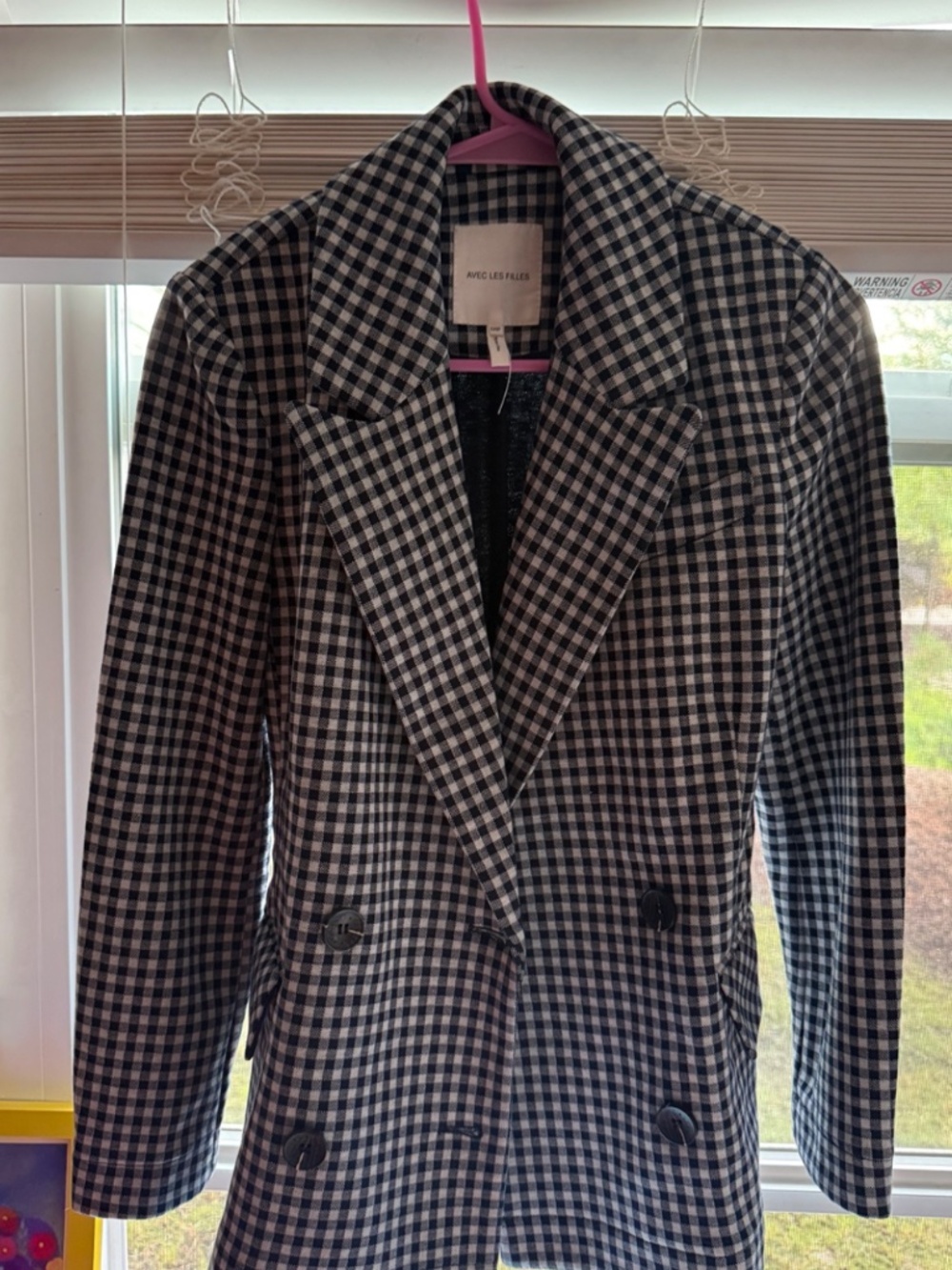 Avec Les Filles XXS Petite Black White Gingham Double Breasted Blazer - Picture 2 of 5